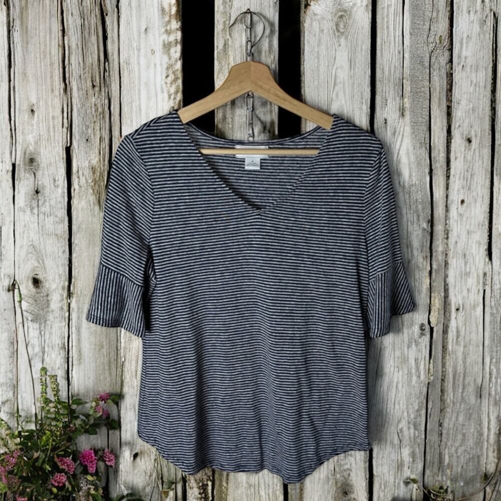 Liz Claiborne Women's Medium Linen Blend Blue & White Striped Pullover Blouse